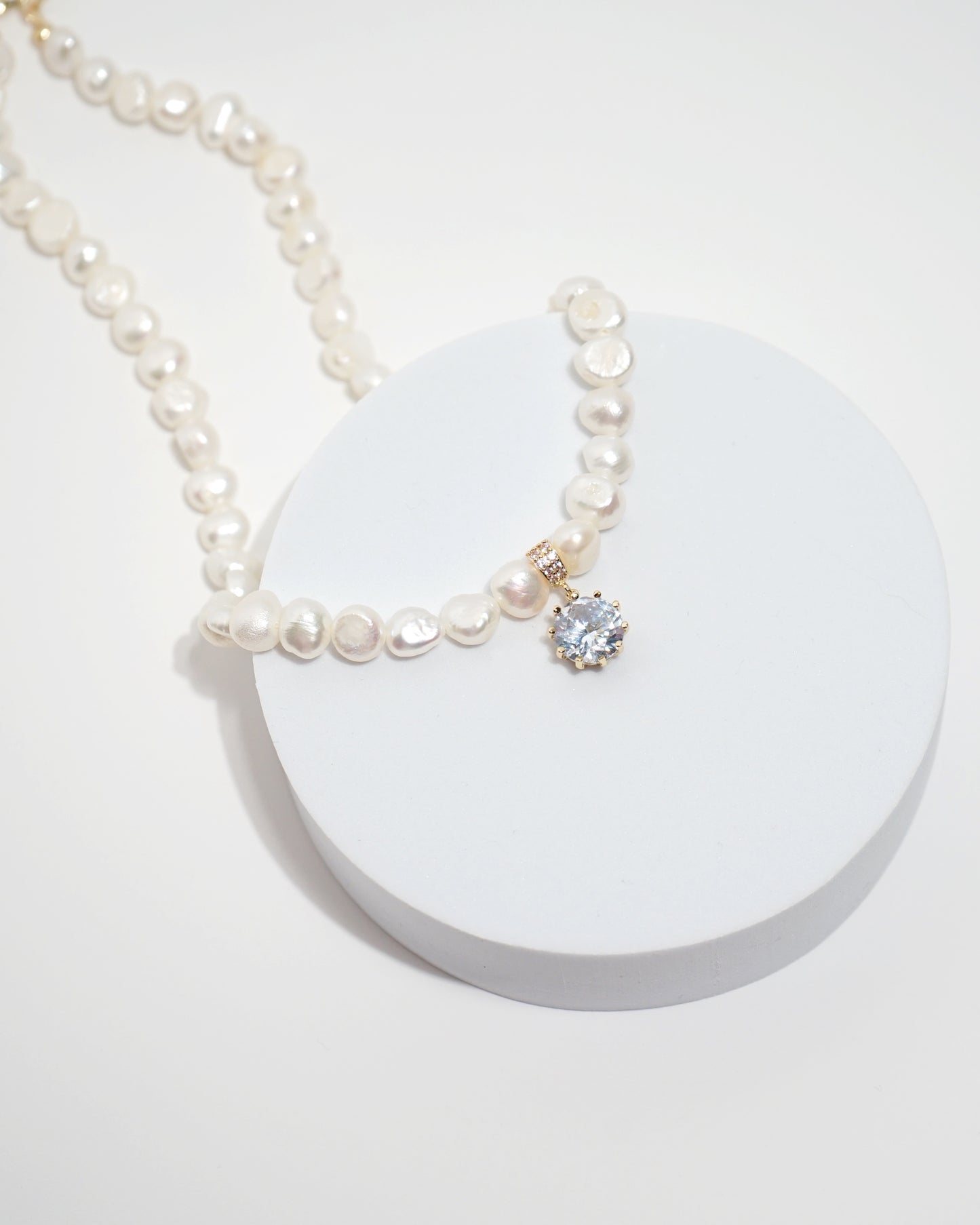 Clara Nugget Pearl Necklace with Round Zirconia Pendant